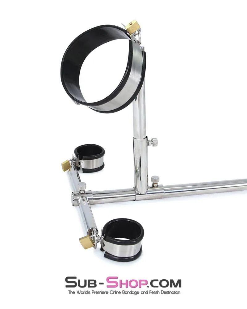 9968M      Slave Stockade with Stainless Steel   Rubber Cuffs and Dildo Set – Large / Extra Large Size