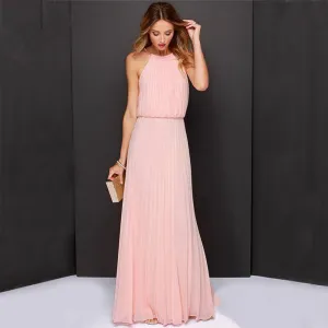 fashion sexy dress sleeveless Halter pleated pink series of sexy fashion chiffon dress