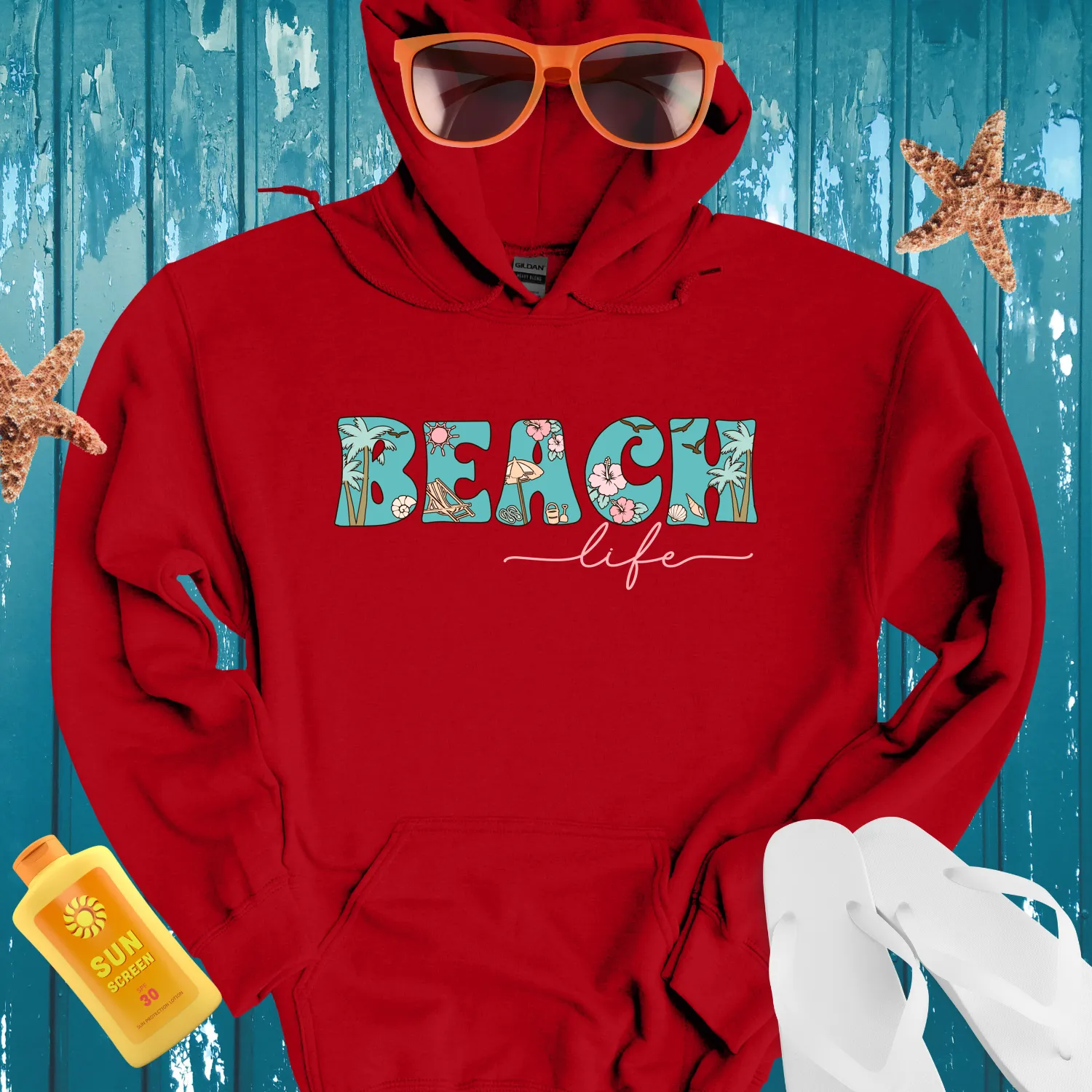 Ocean Inspired Vintage Beach Life Hoodie Turquoise Design
