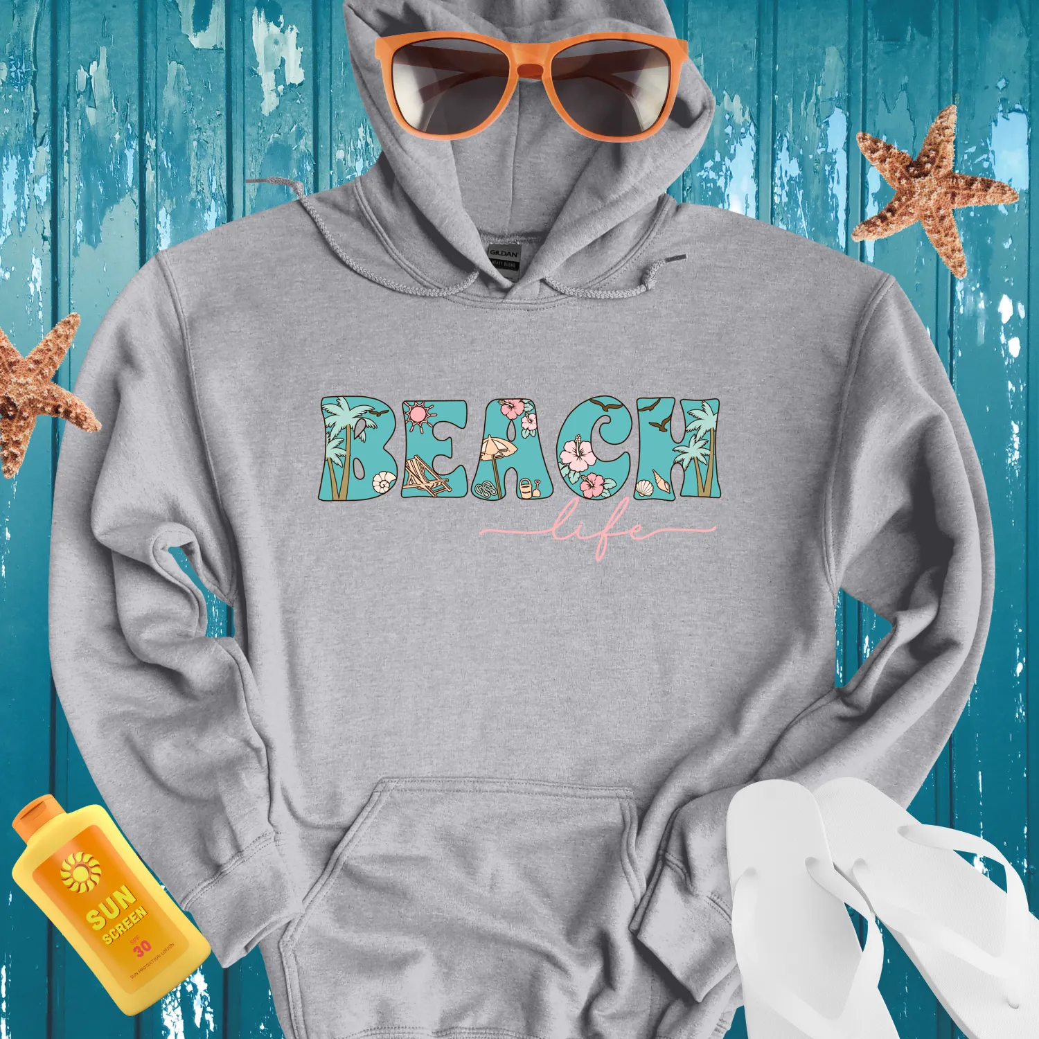 Ocean Inspired Vintage Beach Life Hoodie Turquoise Design