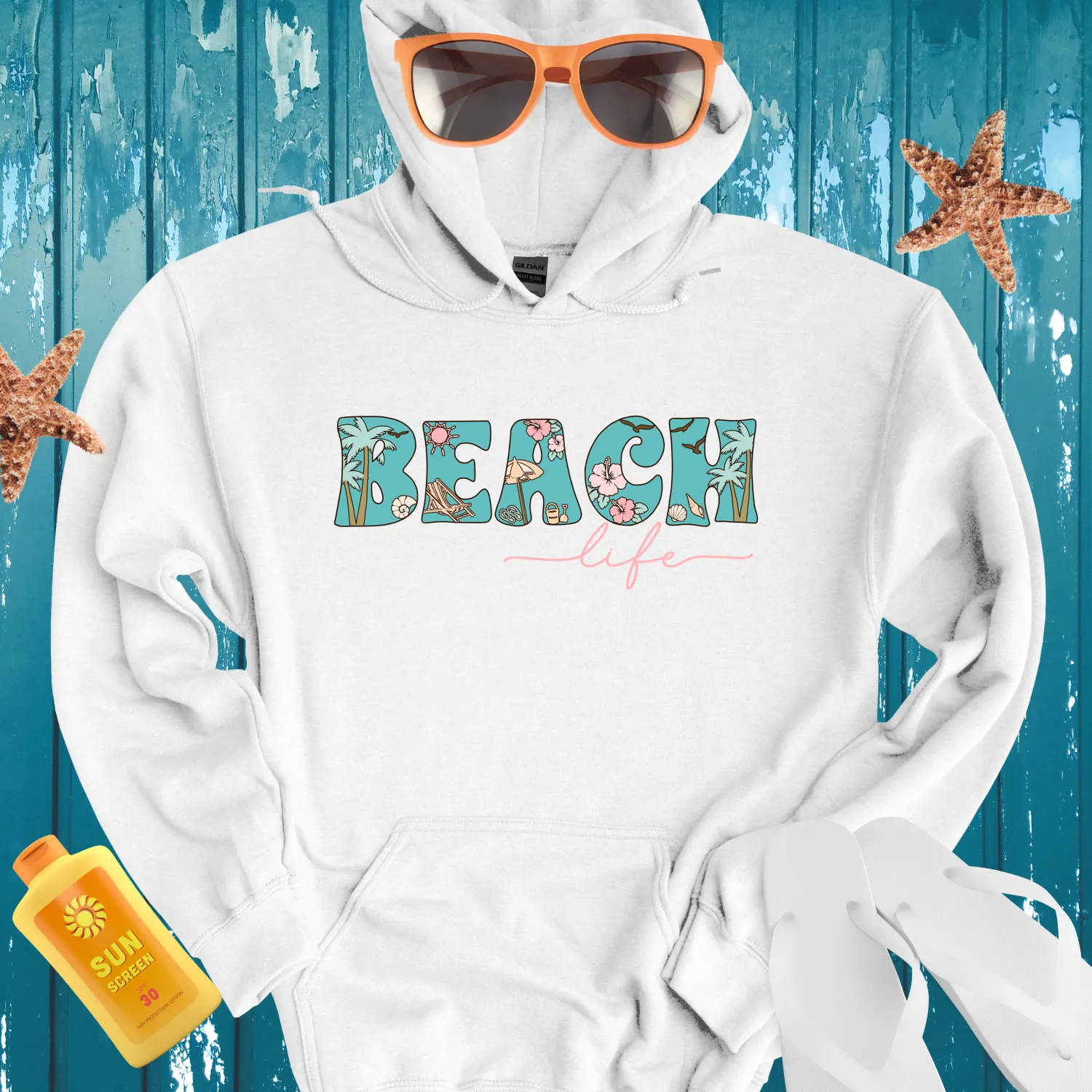 Ocean Inspired Vintage Beach Life Hoodie Turquoise Design