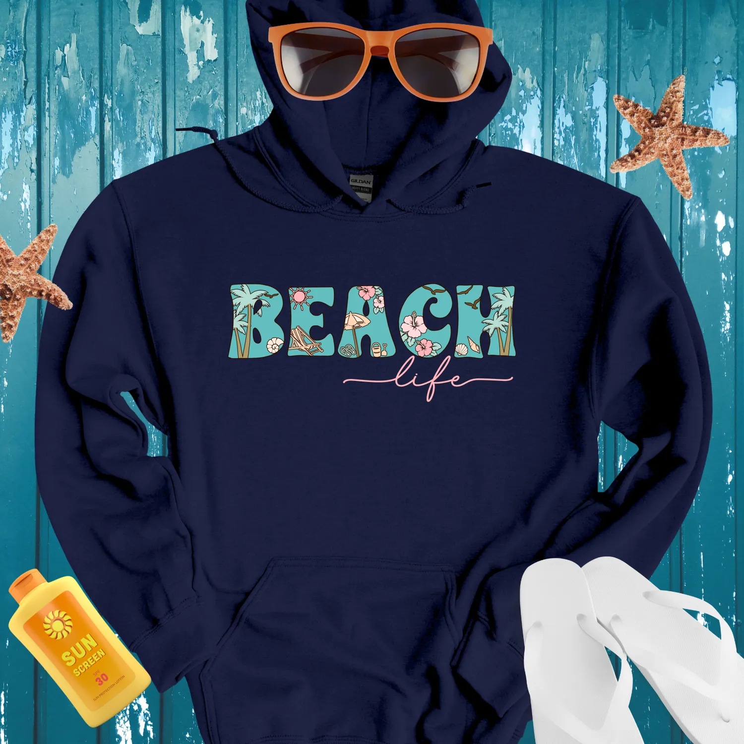 Ocean Inspired Vintage Beach Life Hoodie Turquoise Design