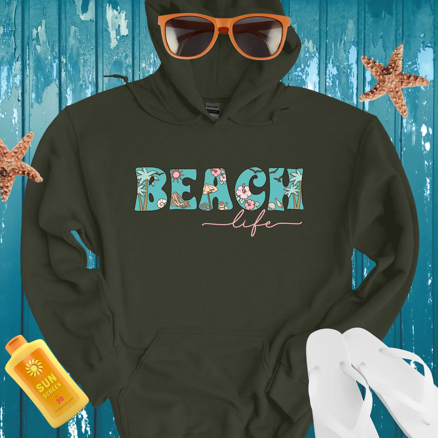Ocean Inspired Vintage Beach Life Hoodie Turquoise Design
