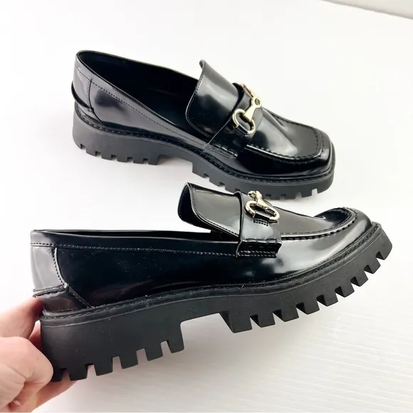 Open Edit loafer womens 9 Black Chunky Slip-On Lug Sole Round Toe Bit Loafer