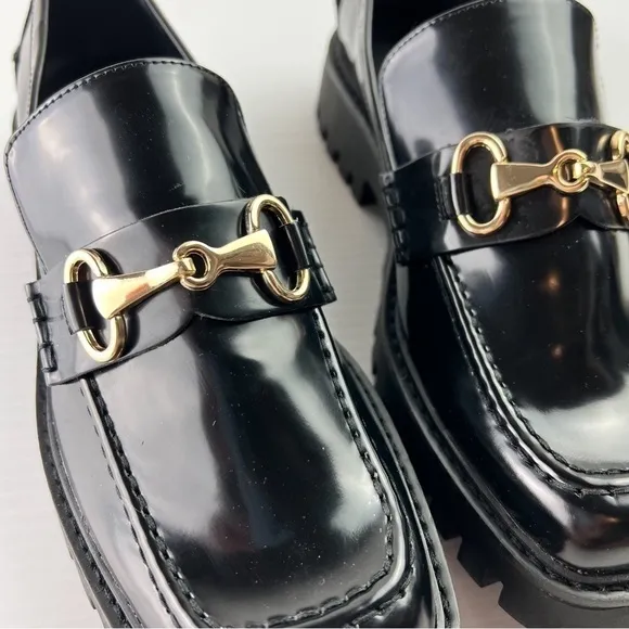 Open Edit loafer womens 9 Black Chunky Slip-On Lug Sole Round Toe Bit Loafer