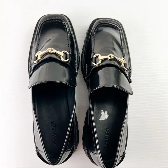Open Edit loafer womens 9 Black Chunky Slip-On Lug Sole Round Toe Bit Loafer