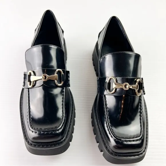Open Edit loafer womens 9 Black Chunky Slip-On Lug Sole Round Toe Bit Loafer