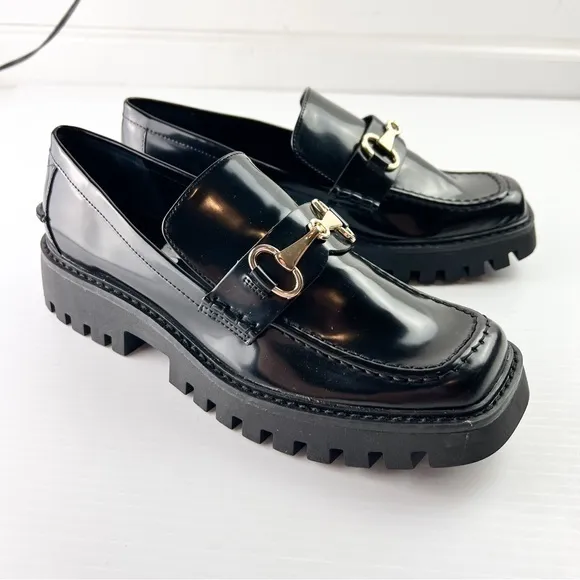 Open Edit loafer womens 9 Black Chunky Slip-On Lug Sole Round Toe Bit Loafer