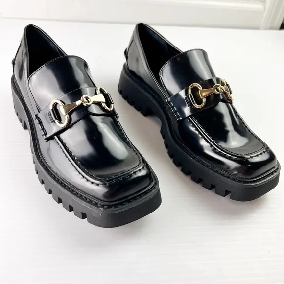 Open Edit loafer womens 9 Black Chunky Slip-On Lug Sole Round Toe Bit Loafer