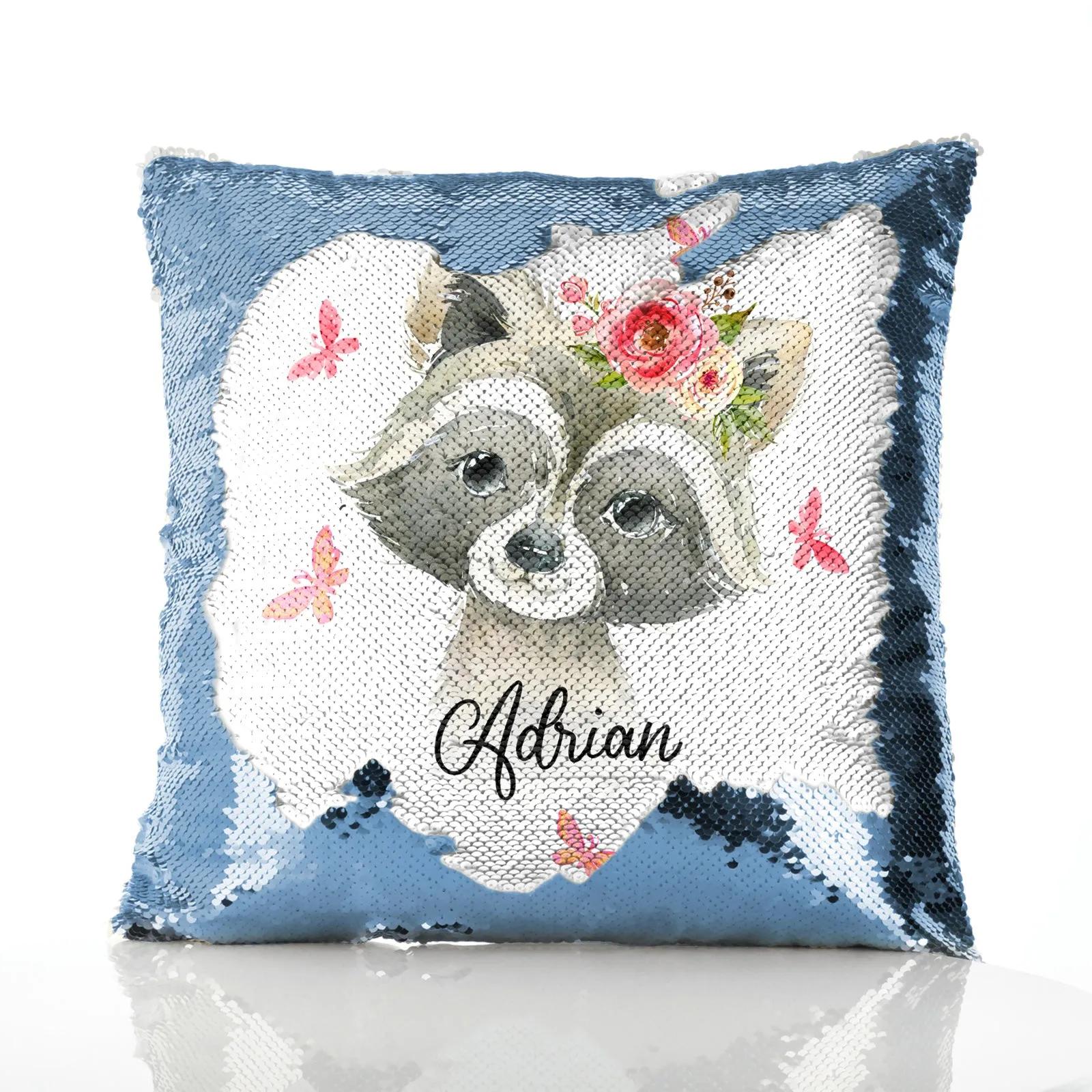 Personalised Sequin Cushion with Raccoon Pink Butterfly Flowers and Cute Text
