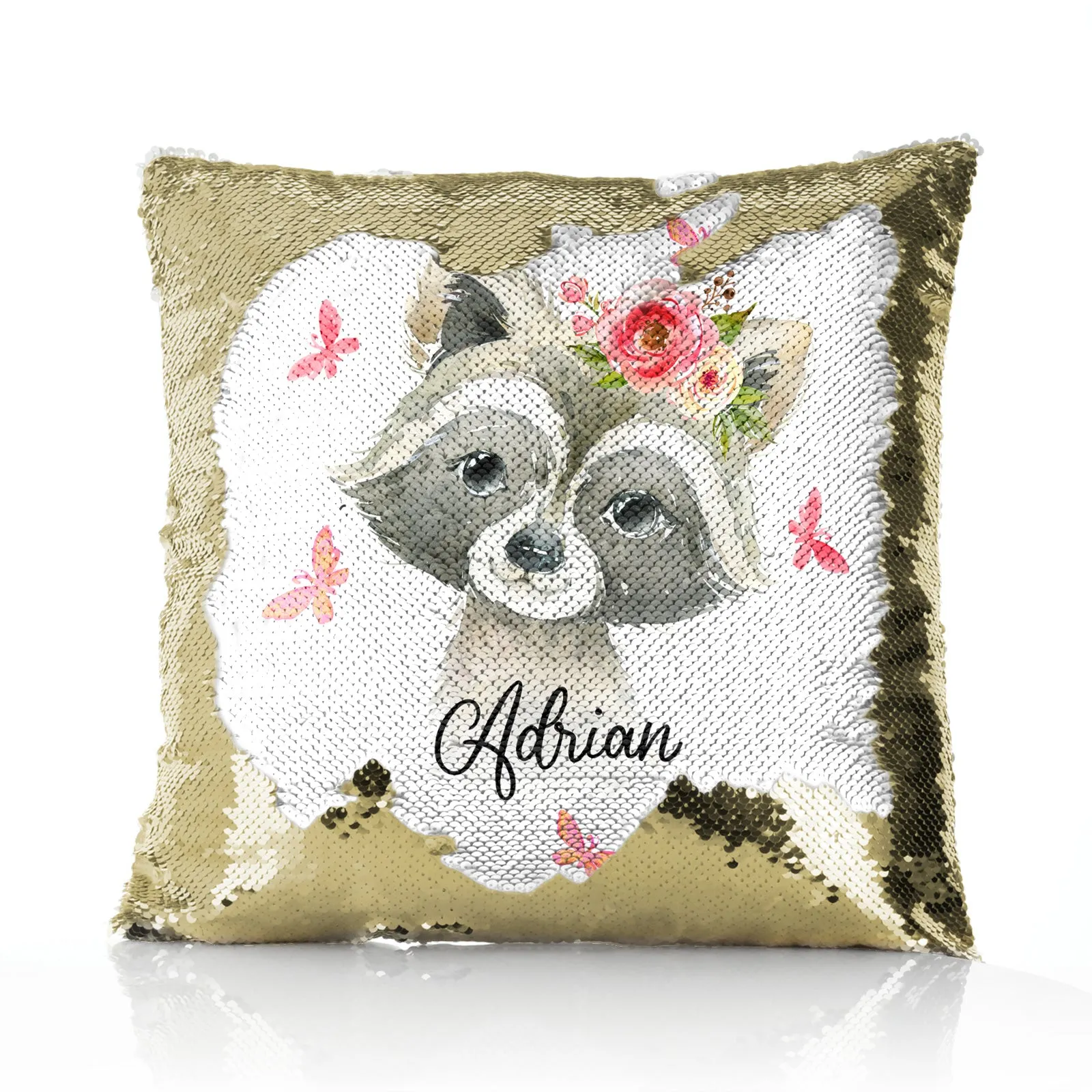 Personalised Sequin Cushion with Raccoon Pink Butterfly Flowers and Cute Text