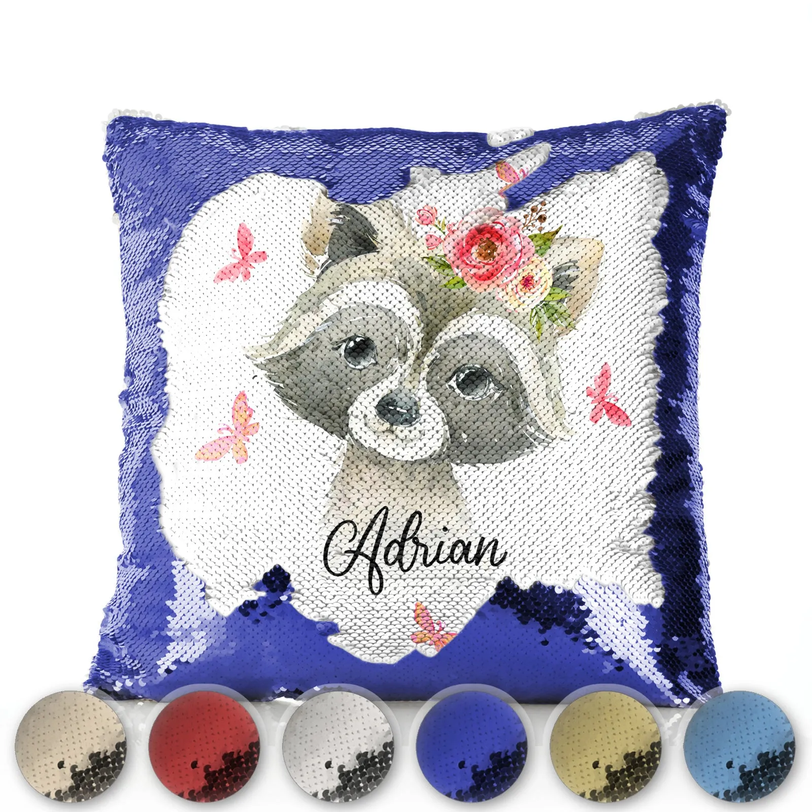 Personalised Sequin Cushion with Raccoon Pink Butterfly Flowers and Cute Text