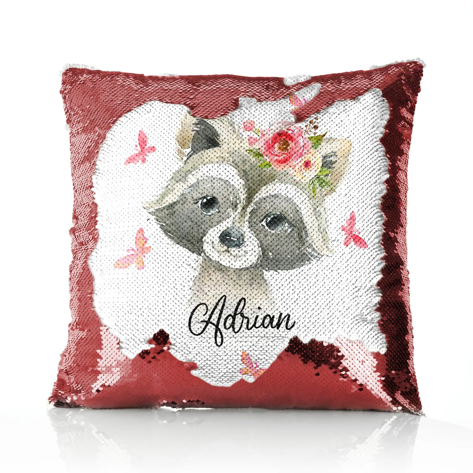 Personalised Sequin Cushion with Raccoon Pink Butterfly Flowers and Cute Text