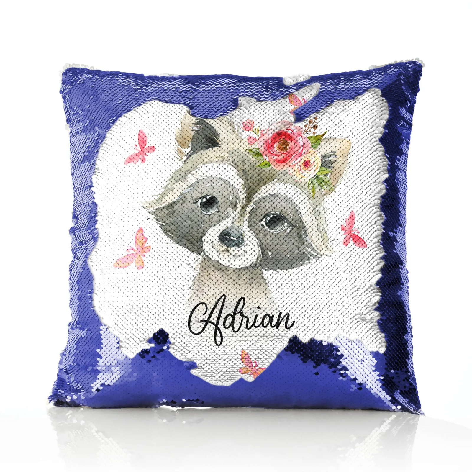 Personalised Sequin Cushion with Raccoon Pink Butterfly Flowers and Cute Text