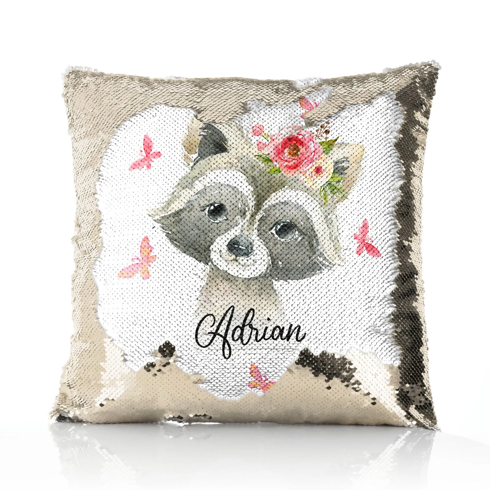 Personalised Sequin Cushion with Raccoon Pink Butterfly Flowers and Cute Text