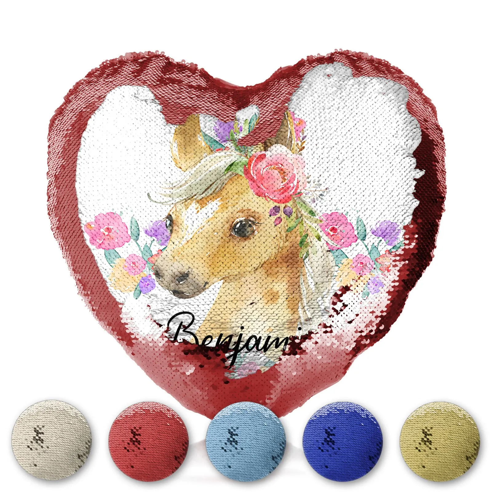 Personalised Sequin Heart Cushion with Palomino Horse Multicolour Flower Print and Cute Text