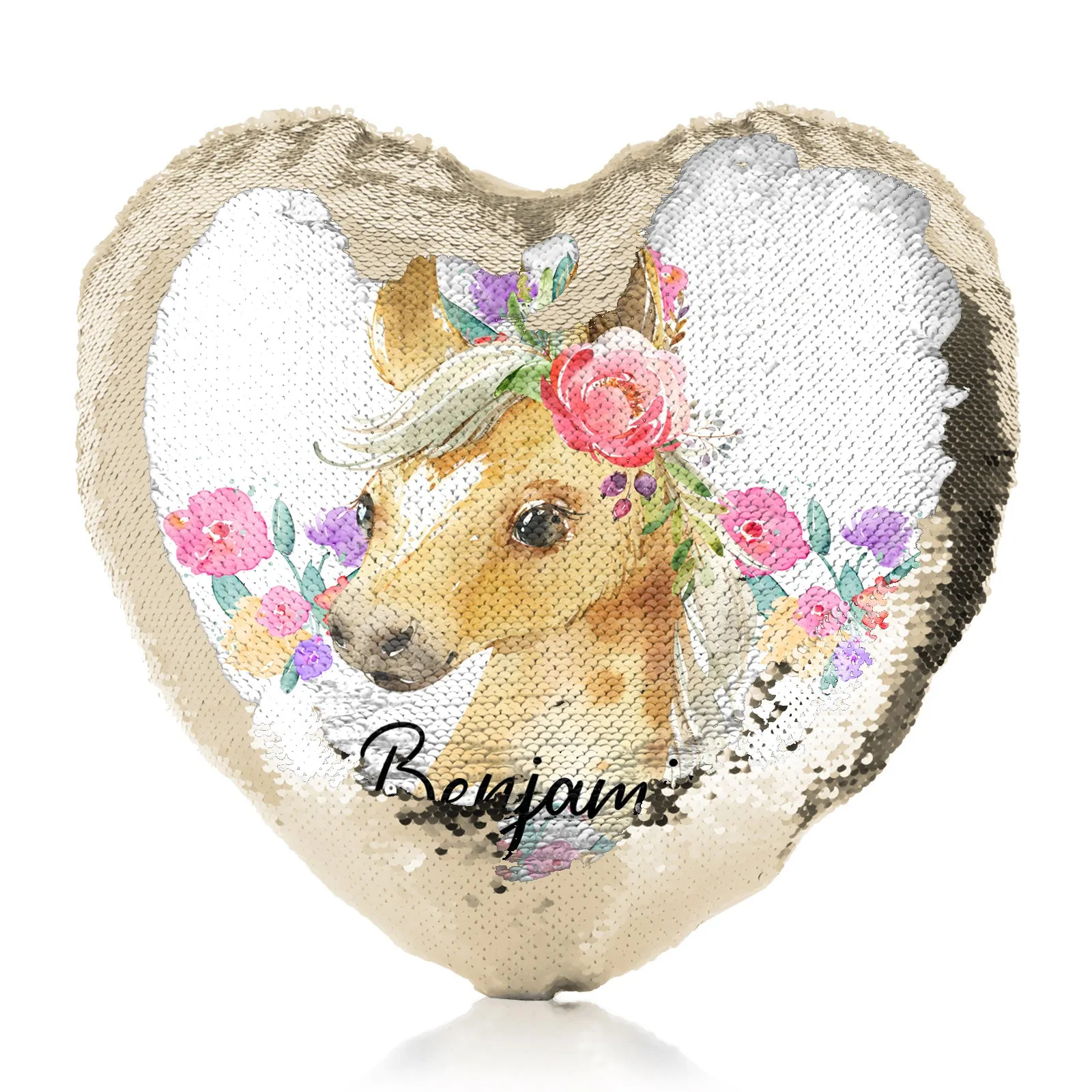 Personalised Sequin Heart Cushion with Palomino Horse Multicolour Flower Print and Cute Text