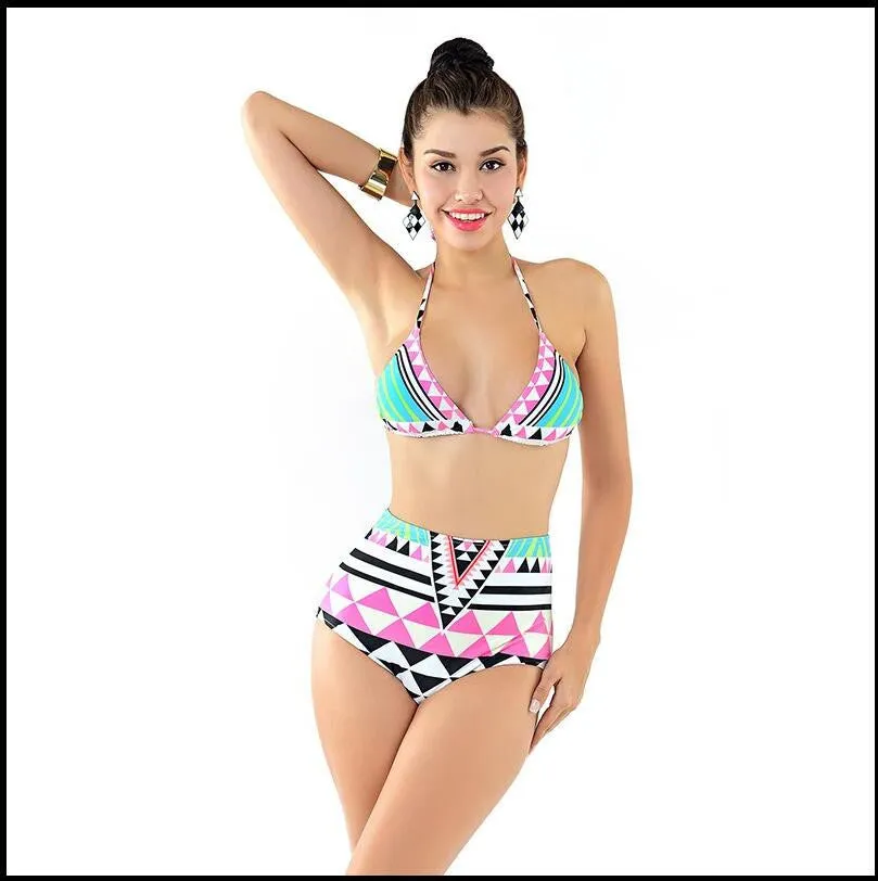 Sexy Aztec High neck cropped top swimsuit junior Bikini Brazilian Retro Print Biquini Bodycon Padded Halter Swimming Suit