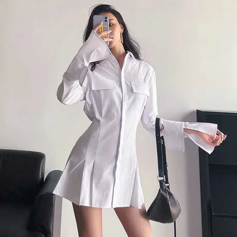 Shirt Flared Dress Women's Long-sleeved Summer Temperament Waist Slim Polo Collar