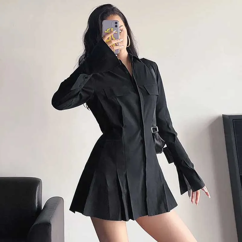 Shirt Flared Dress Women's Long-sleeved Summer Temperament Waist Slim Polo Collar