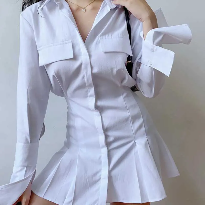 Shirt Flared Dress Women's Long-sleeved Summer Temperament Waist Slim Polo Collar