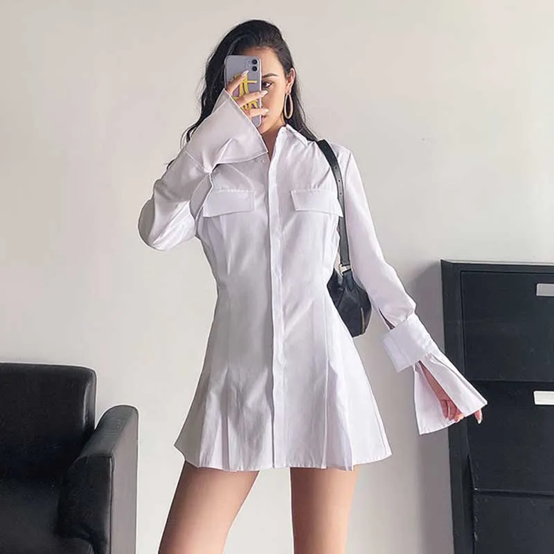 Shirt Flared Dress Women's Long-sleeved Summer Temperament Waist Slim Polo Collar