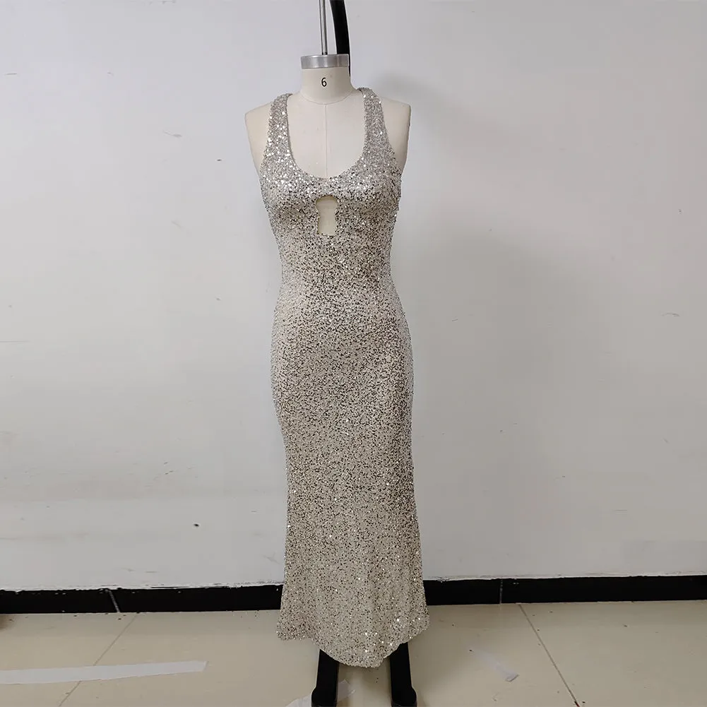 Strappy Sleeveless Sequins Maxi Dress KLYF1046