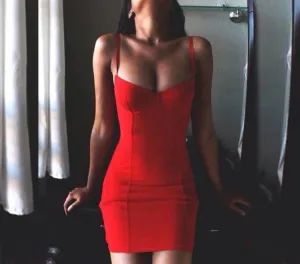 Summer Style Women Dress Spaghetti Strap Package Bodycon Solid Sexy Mini Dress Polyester Red S-XL 63~