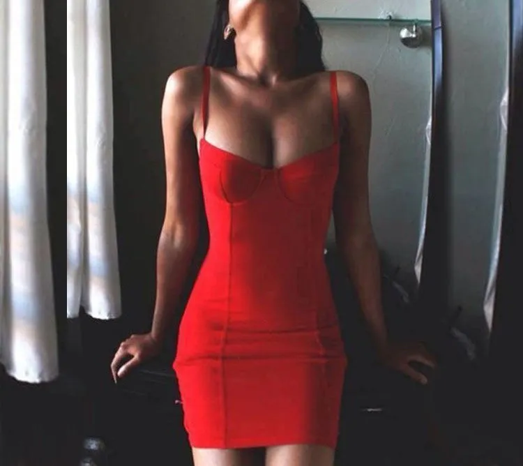 Summer Style Women Dress Spaghetti Strap Package Bodycon Solid Sexy Mini Dress Polyester Red S-XL 63~
