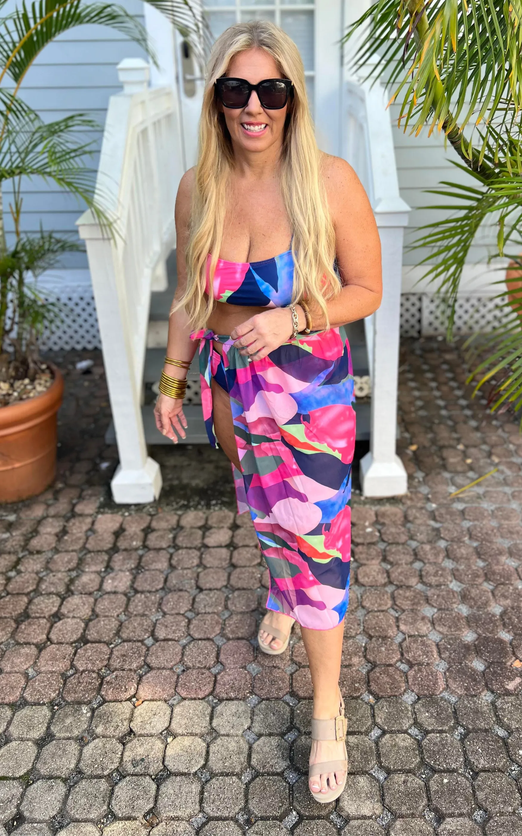 Tropical 3 Piece Bikini Swimsuit with Sarong