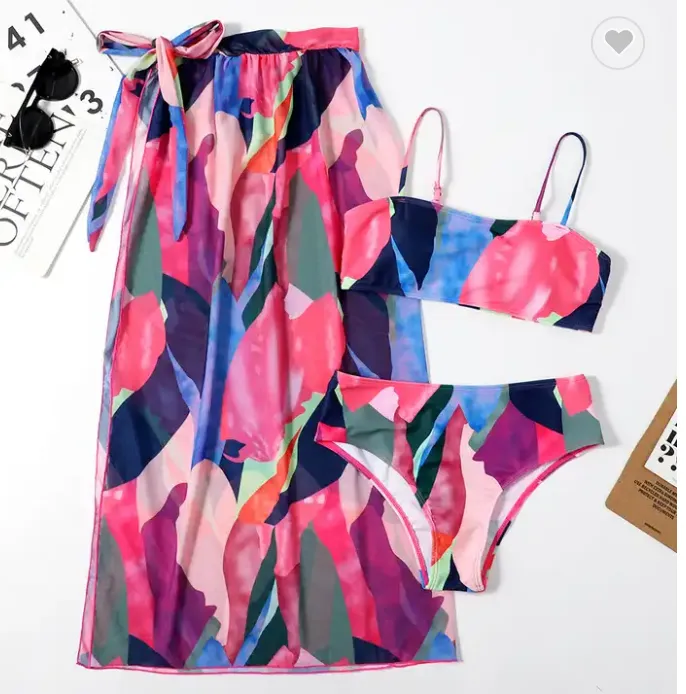 Tropical 3 Piece Bikini Swimsuit with Sarong