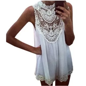 Women Black White Sleeveless Lace Crochet Summer Dresses Hollow Out Mini Dress Fashion Sexy Short Dresses S-4XL Vestidos