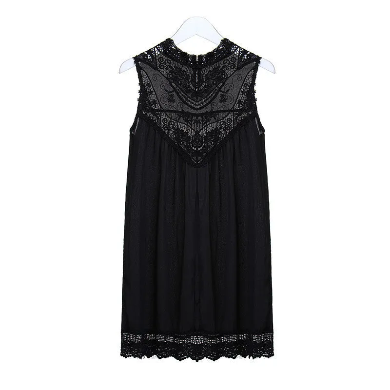 Women Black White Sleeveless Lace Crochet Summer Dresses Hollow Out Mini Dress Fashion Sexy Short Dresses S-4XL Vestidos