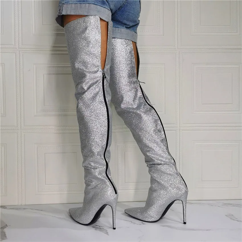 Women Over The Knee High Silver Boots