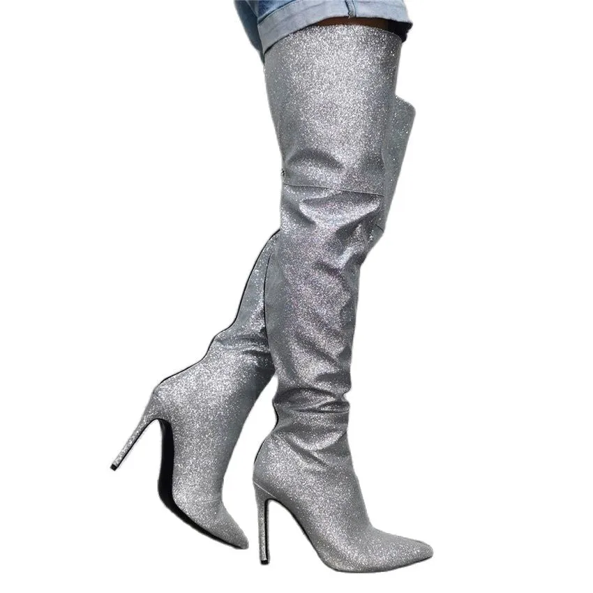 Women Over The Knee High Silver Boots