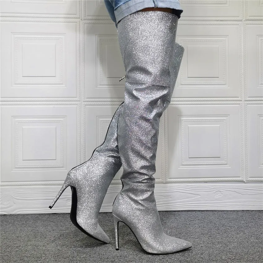 Women Over The Knee High Silver Boots
