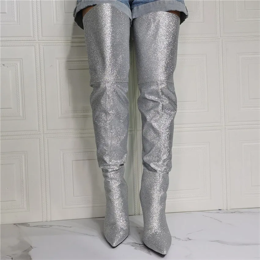 Women Over The Knee High Silver Boots